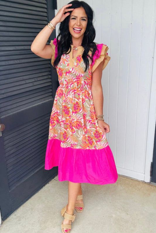 Pink Floral Print Color Block Ruffled Short Sleeve Midi Dress