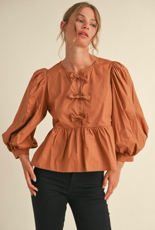Toffee Bow Ties Peplum 3/4 Sleeves Top