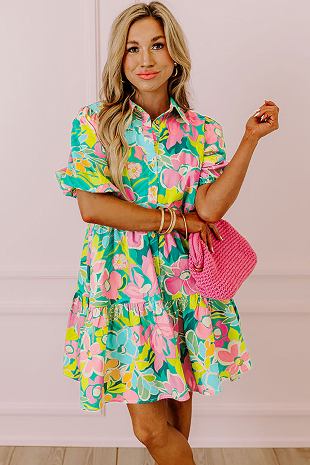 Green Floral Buttoned Babydoll Dress