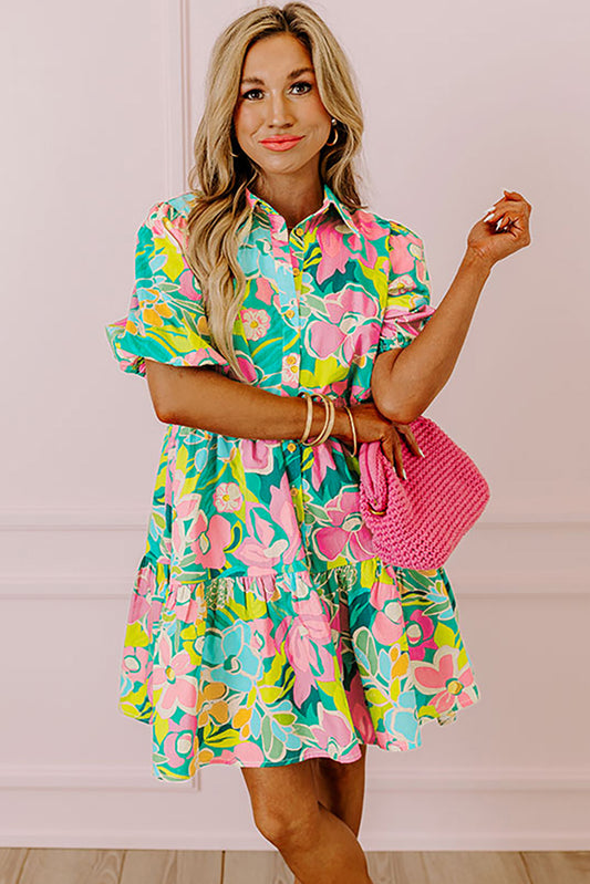 Green Floral Buttoned Babydoll Dress
