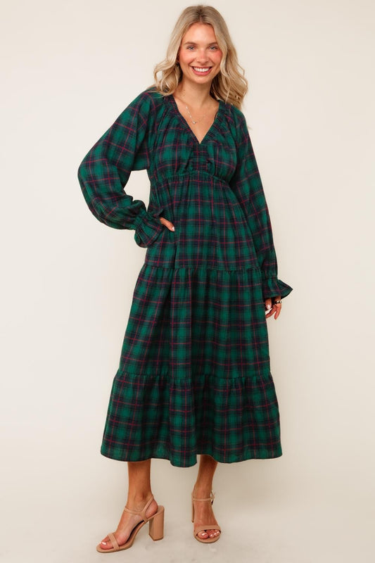 Green Plaid Tiered Maxi Dress with Side Pocket