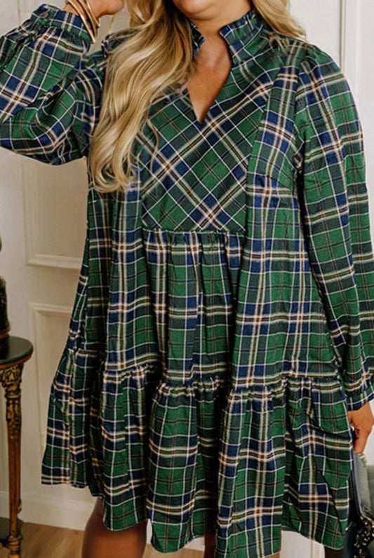 Green Plaid Long Sleeve Shift Dress