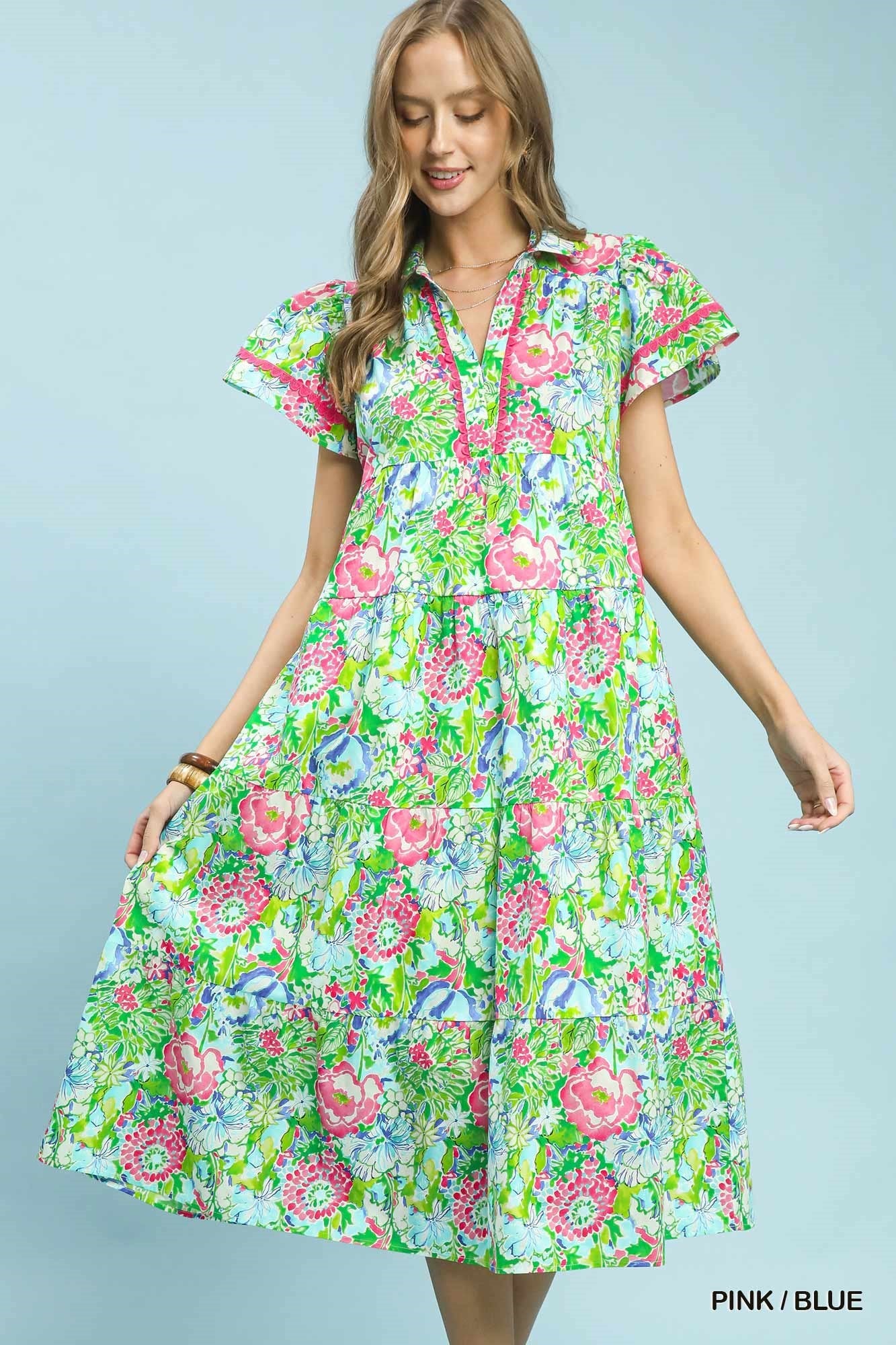 Green and Pink Mixed Floral Tiered Midi Dress