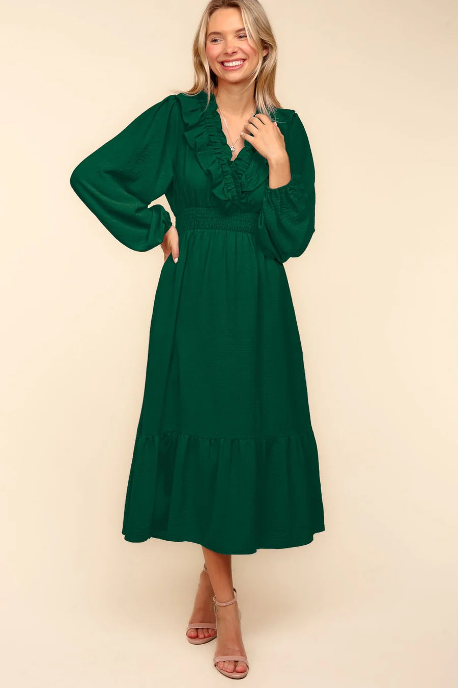 Hunter Green Long Sleeve Midi Dress with Pockets