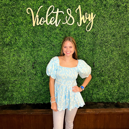 Blue and White Daisy Top with Puff sleeves