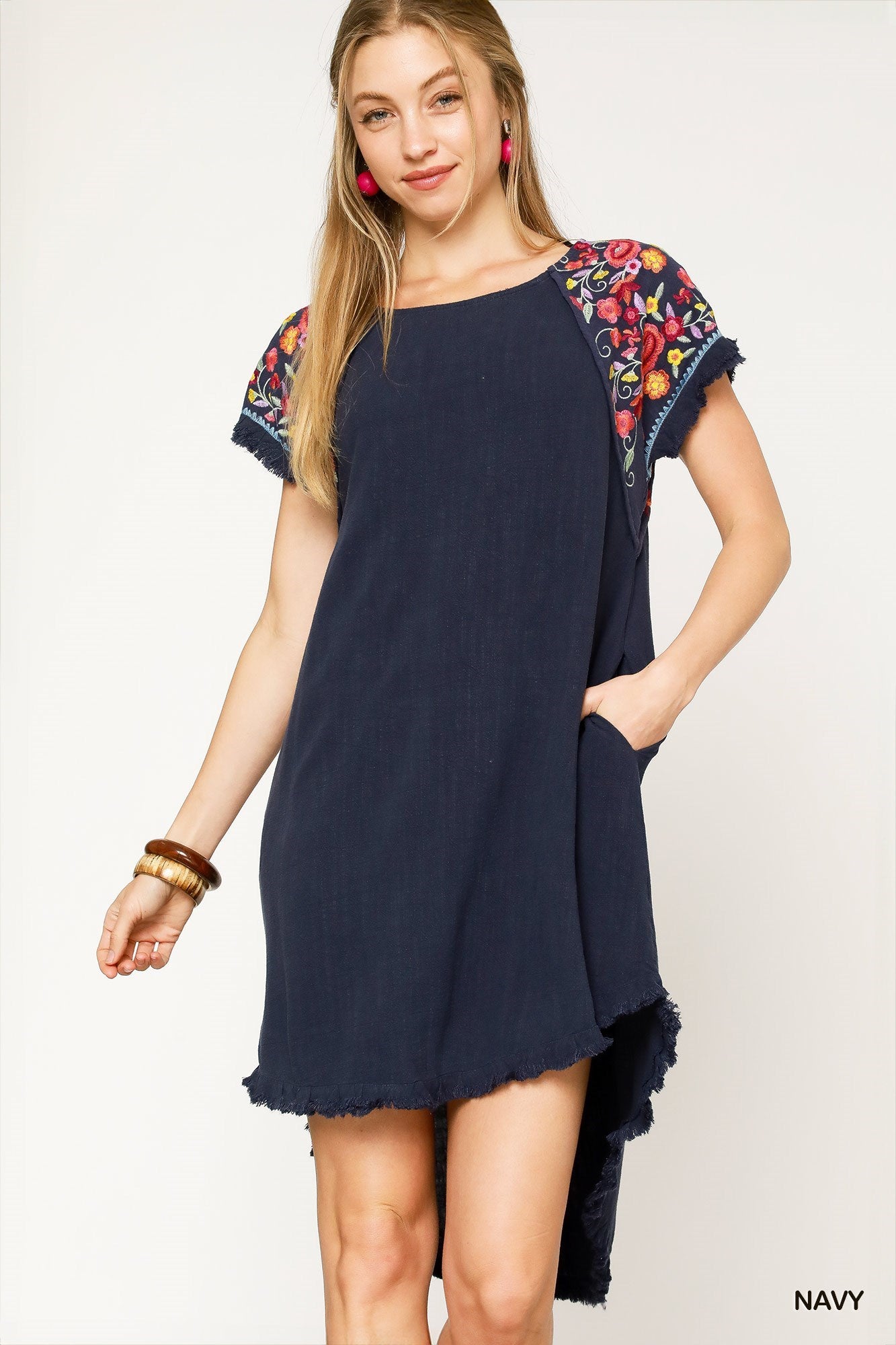 Navy Linen Short Sleeve Embroidery Dress