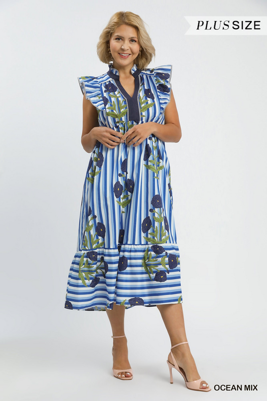 Ocean Mix Striped Floral Midi Dress