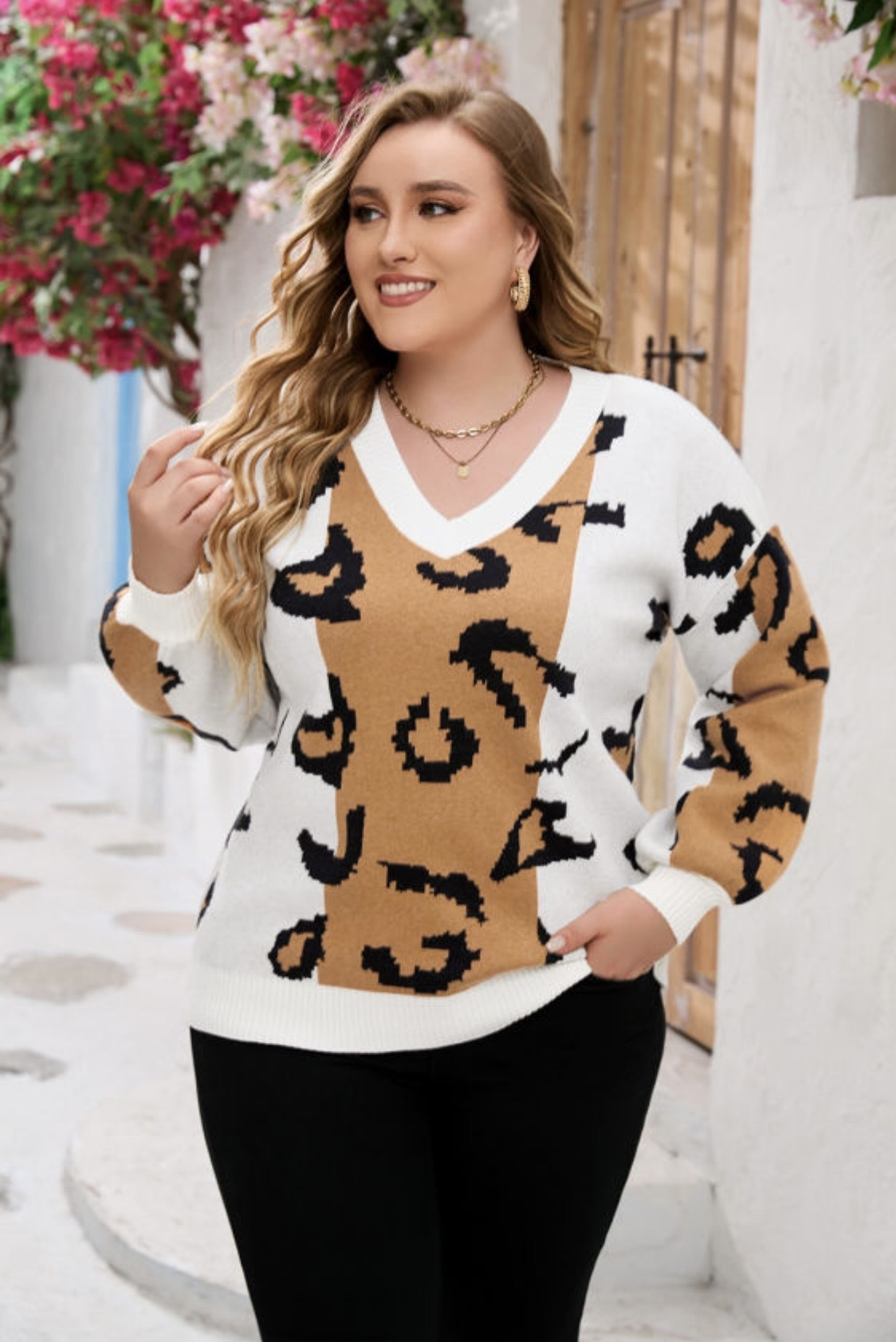 Orange Leopard Print Colorblock Sweater
