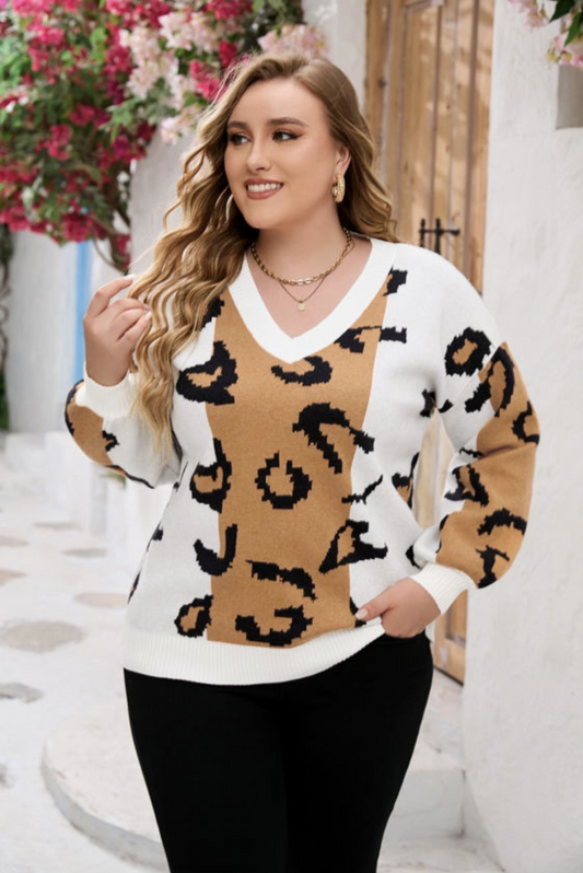 Orange Leopard Print Colorblock Sweater