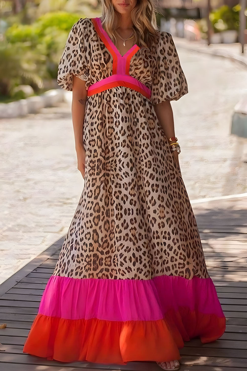 Pink Leopard Colorblock Maxi Dress
