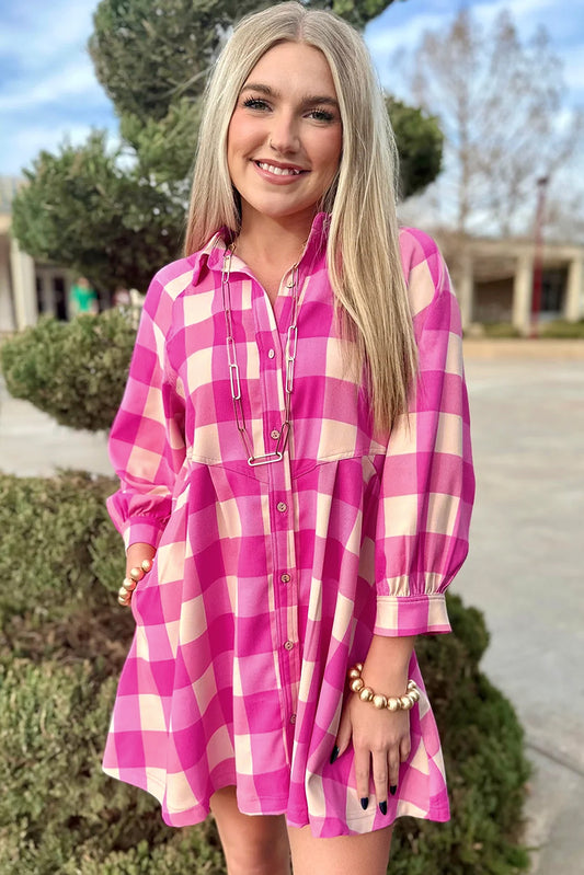 Pink Plaid Long Sleeve Shirt Dress with Pockets