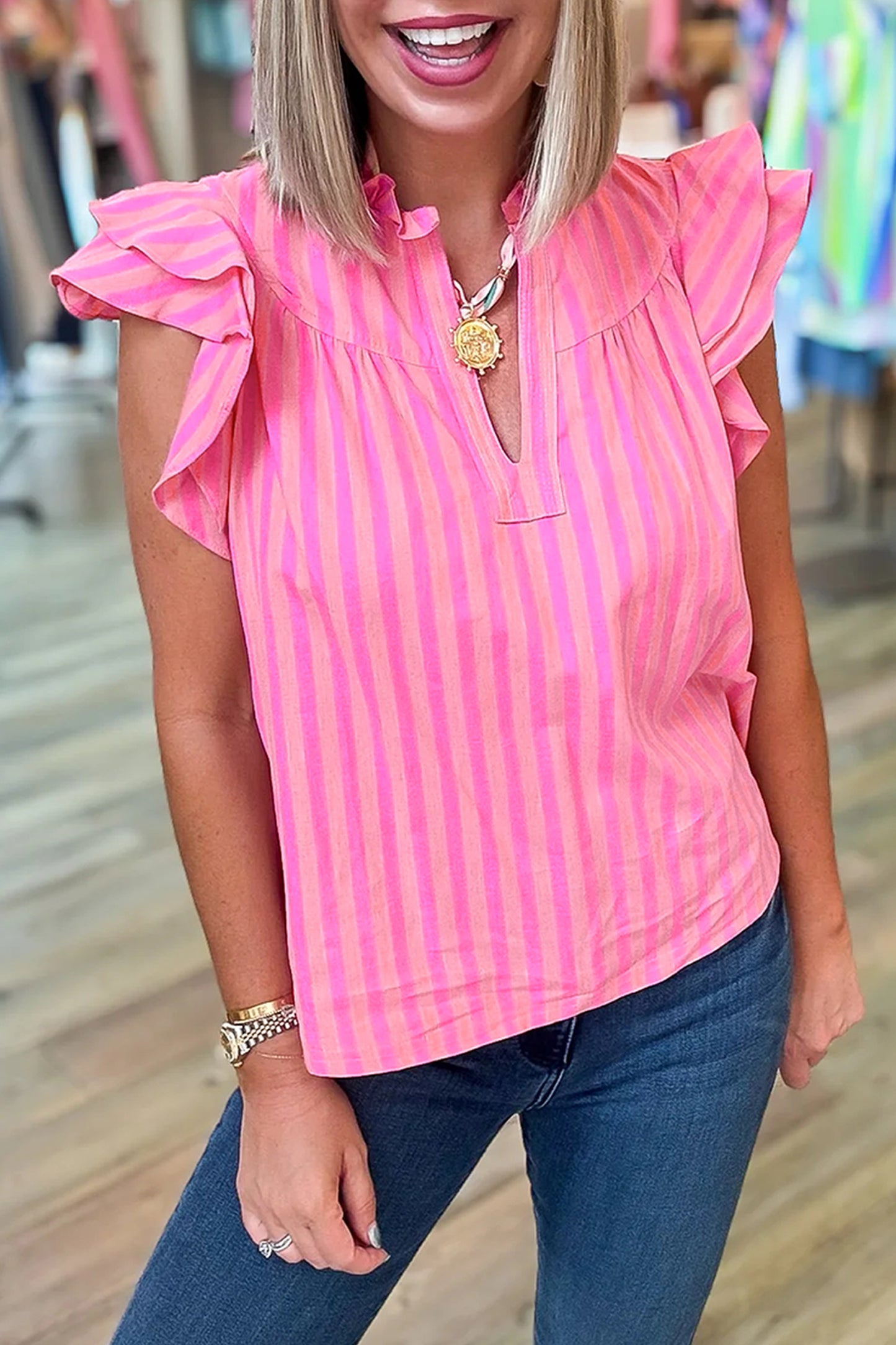 Pink Striped Ruffled Summer Blouse