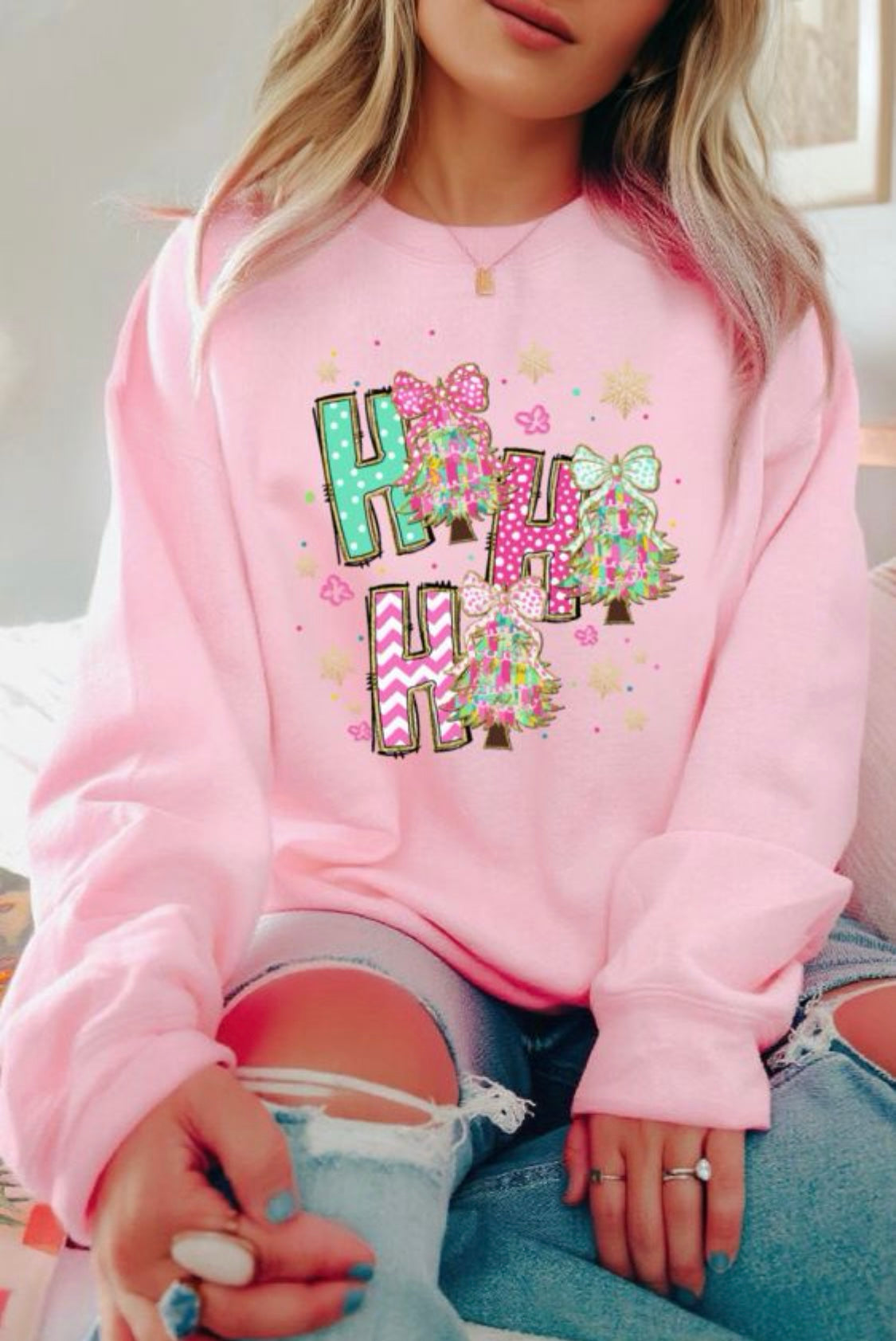 Pink HO HO HO Christmas Tree Graphic Sweatshirt