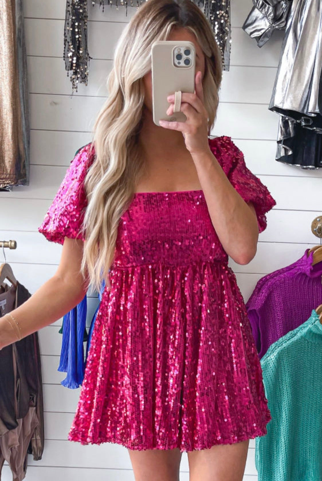 Pink Sequin Short Puff Sleeve Romper
