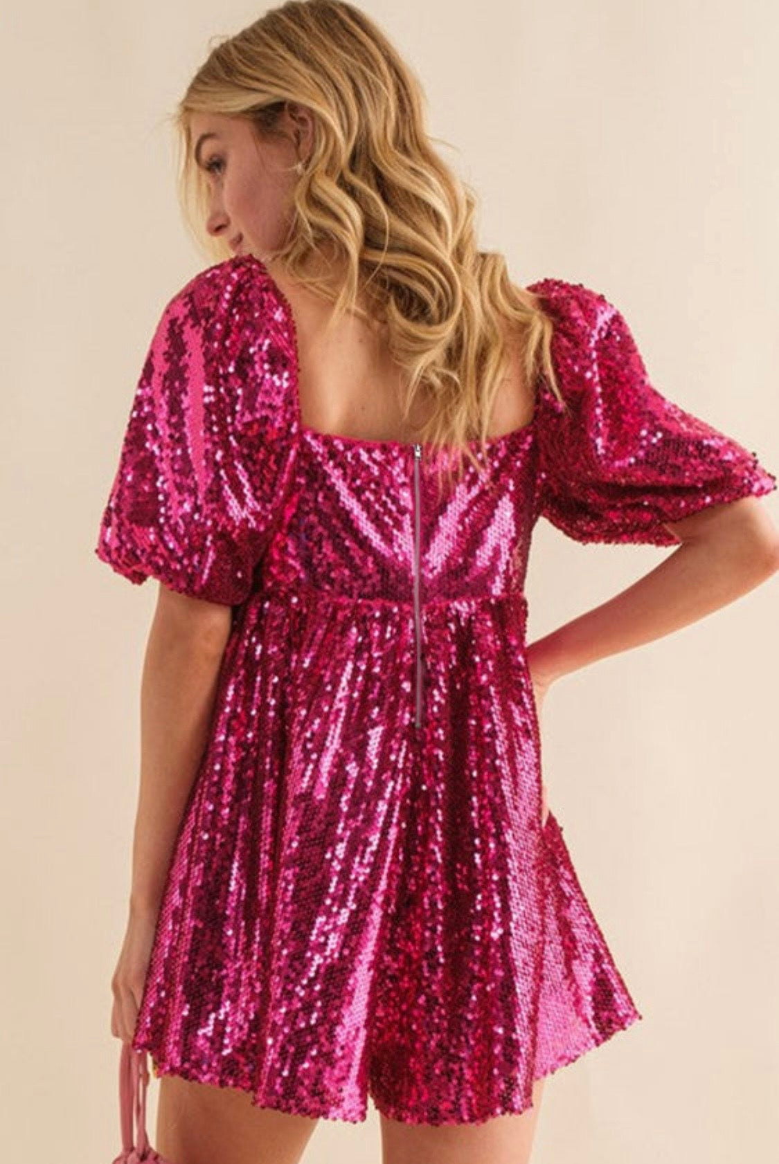 Pink Sequin Short Puff Sleeve Romper