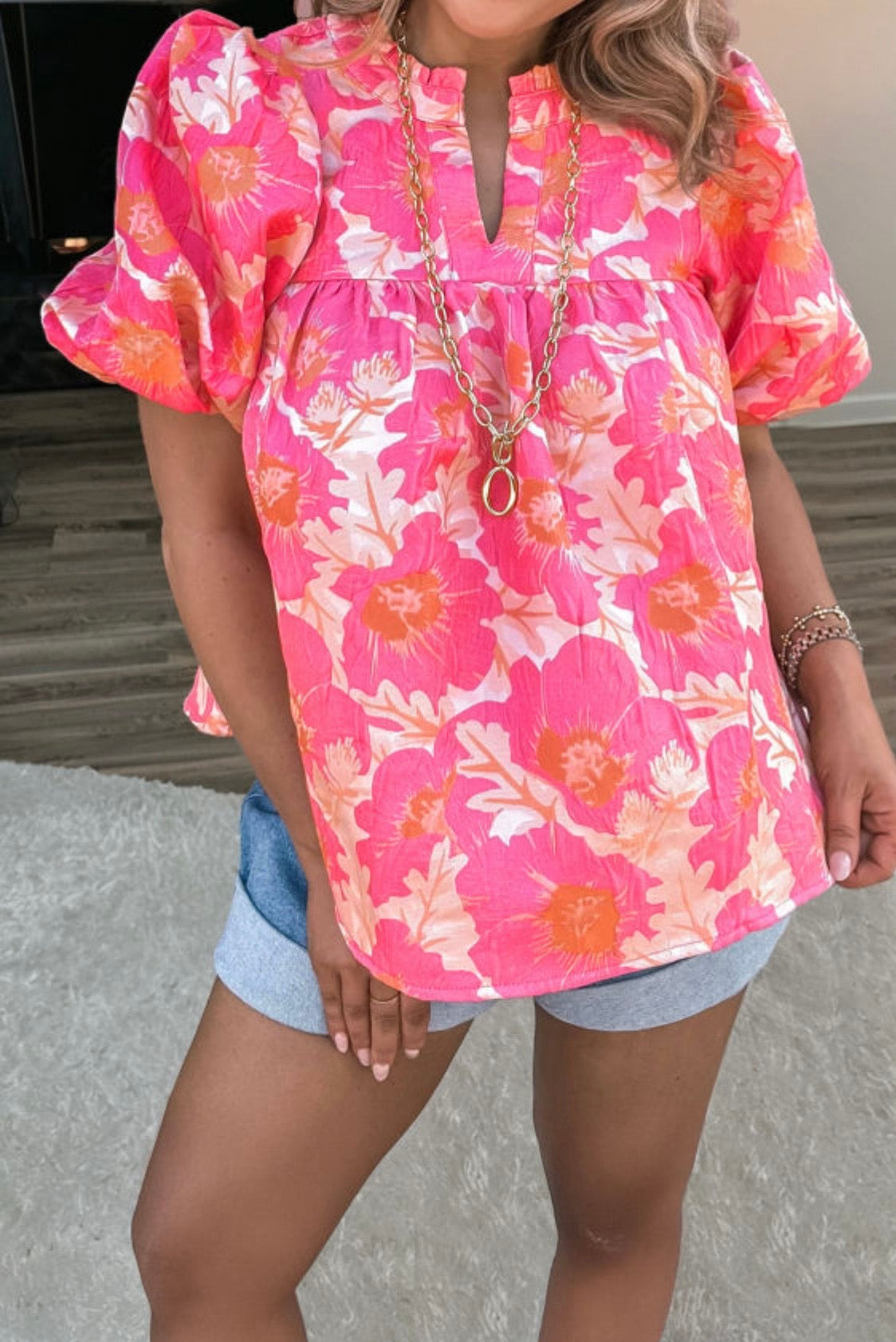 Pink Short Bubble Sleeve Summer Floral Top