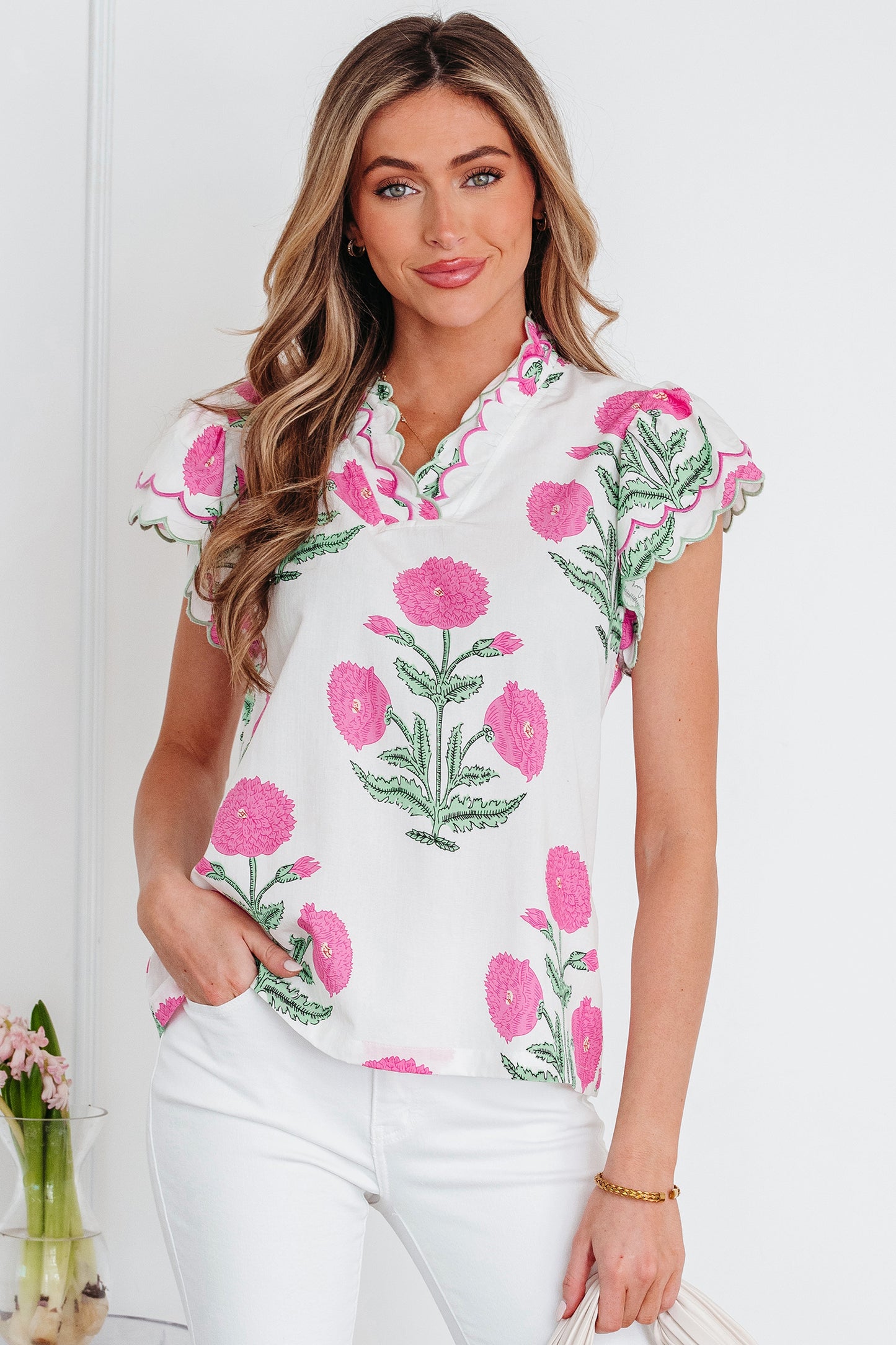 Pink Wild Flower Print with Scallop Detail Short Sleeve Blouse