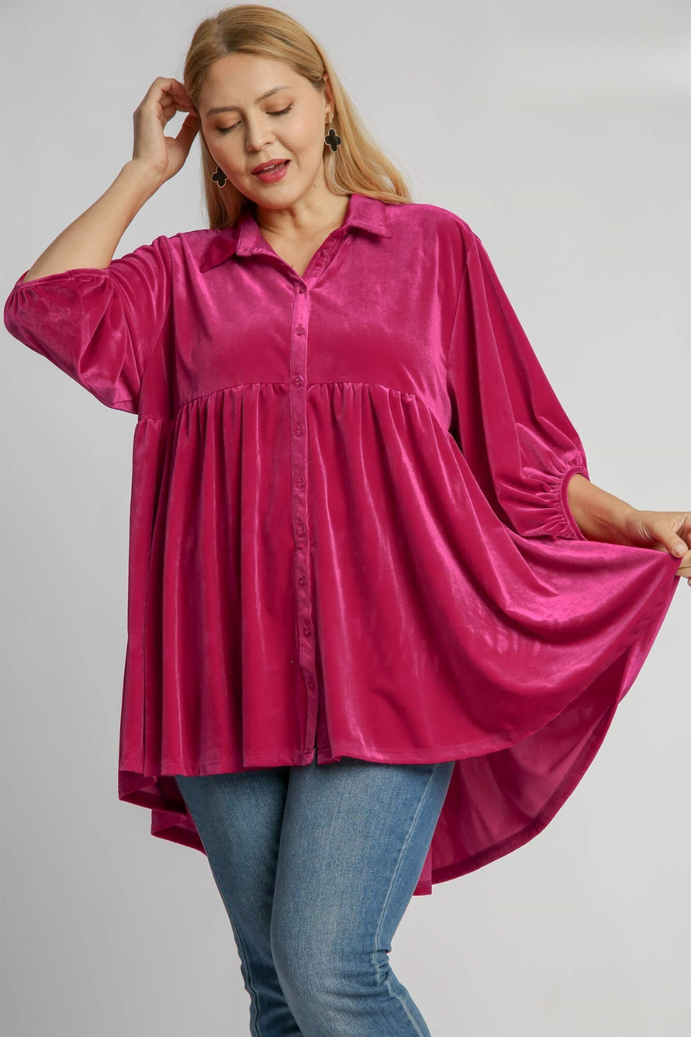 Raspberry Button Down Velvet Tunic