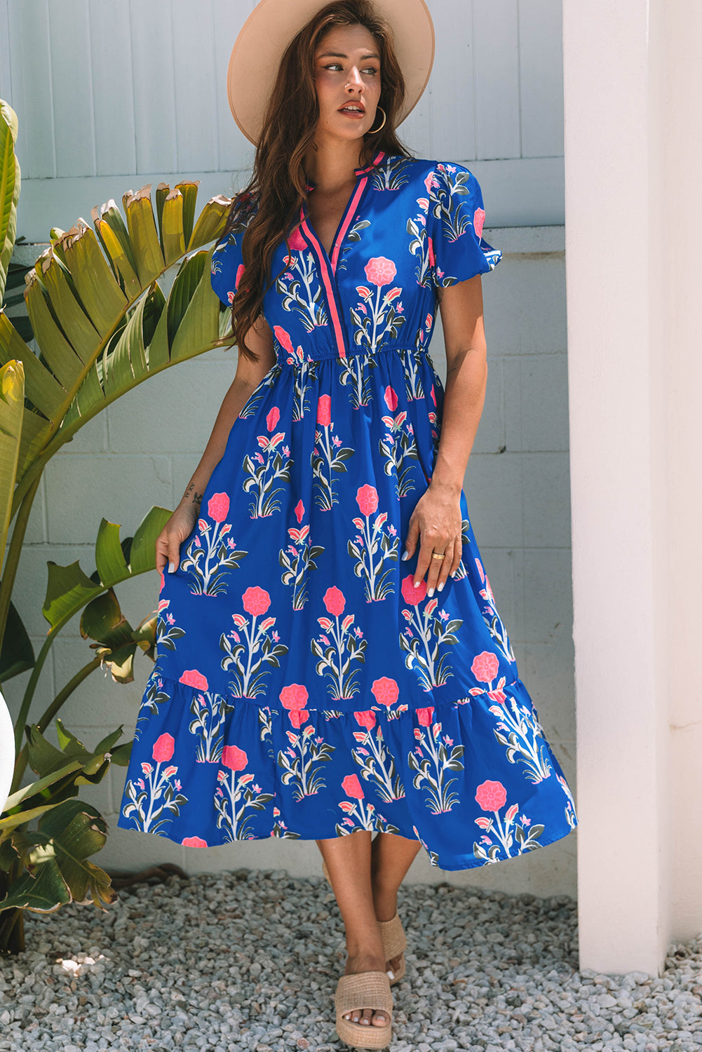 Blue Floral Short Sleeve Midi Dress
