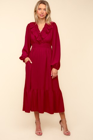 Ruby Red Long Sleeve Midi Dress with Pockets