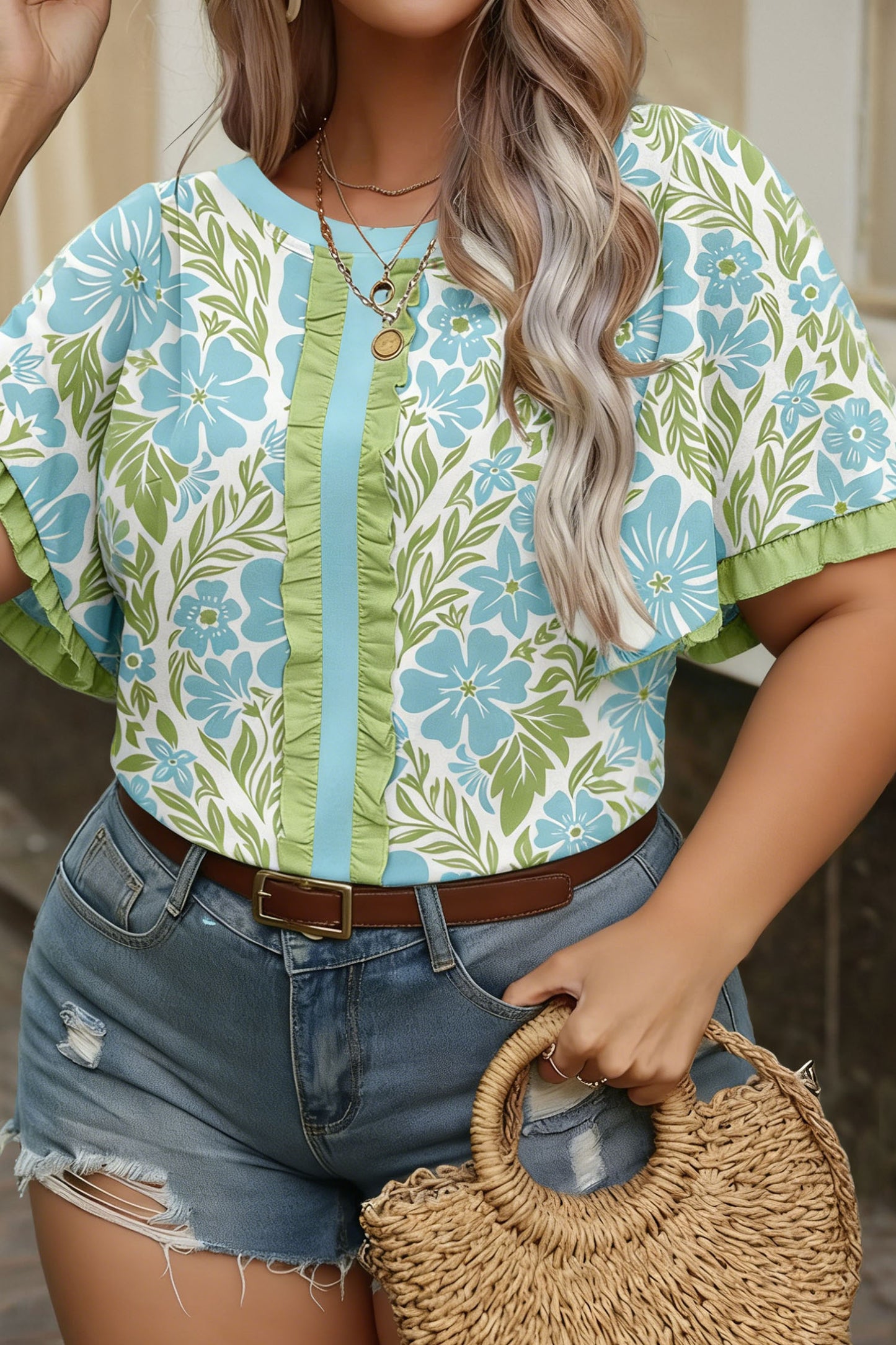 Sky Blue and Green Floral Print Ruffled Blouse