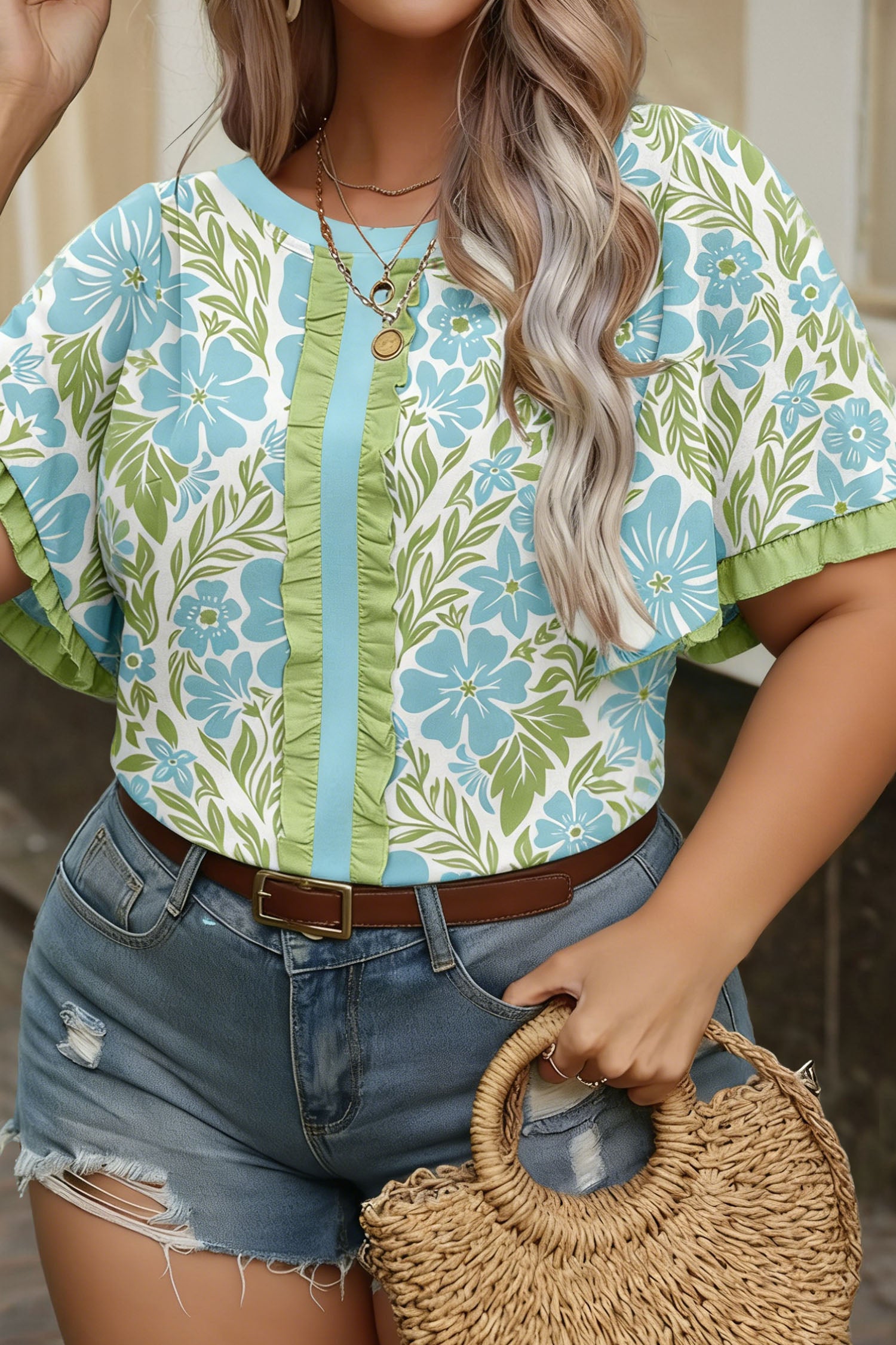 Sky Blue and Green Floral Print Ruffled Blouse