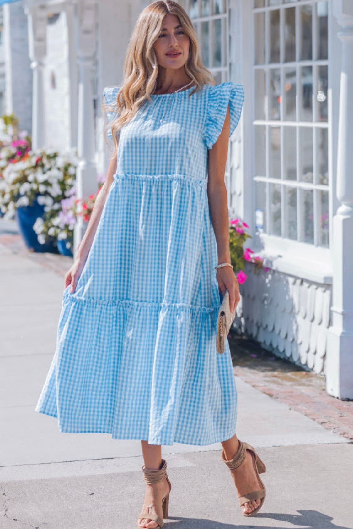 Sky Blue Knot Back Ruffled Short Sleeve Gingham Maxi Dress