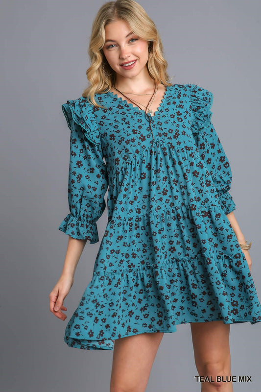 Teal Floral Tiered Dress