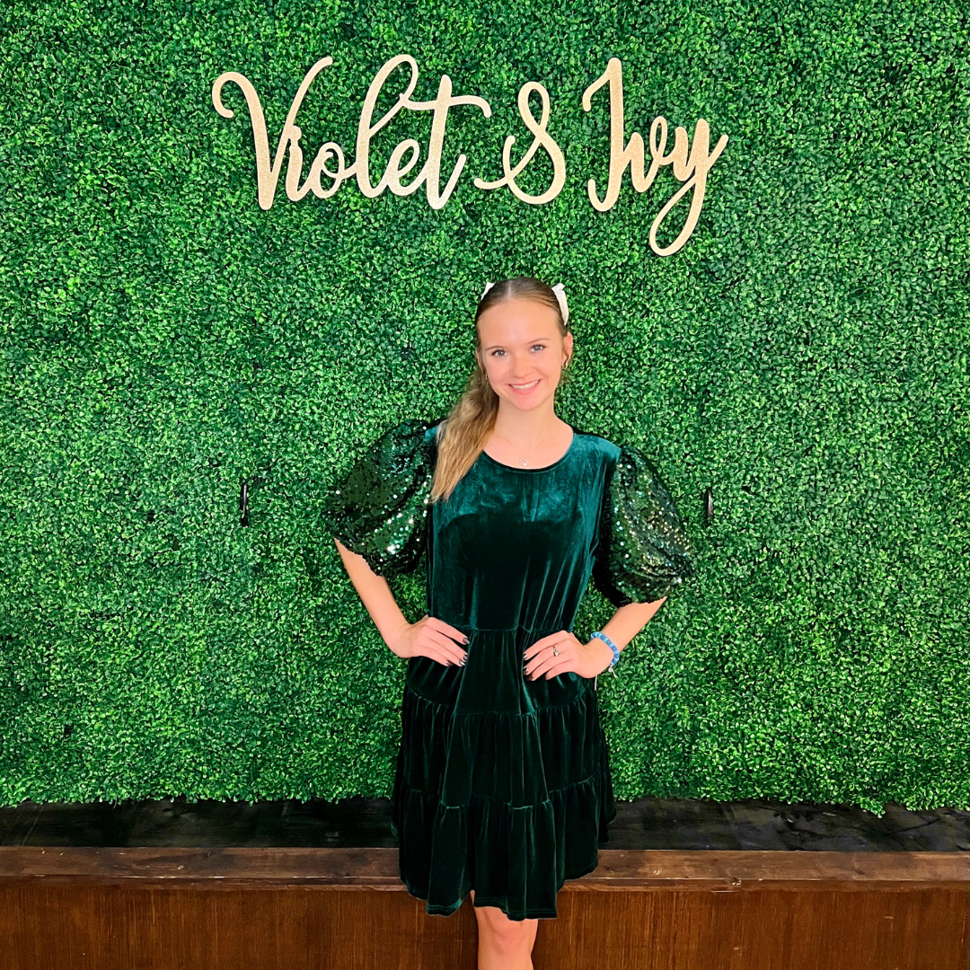 Hunter Green Velvet and Sequins Tiered Dress with Pockets