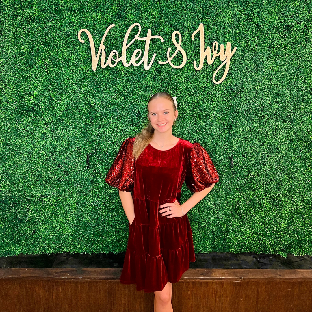 Burgundy Velvet and Sequins Tiered Dress with Pockets