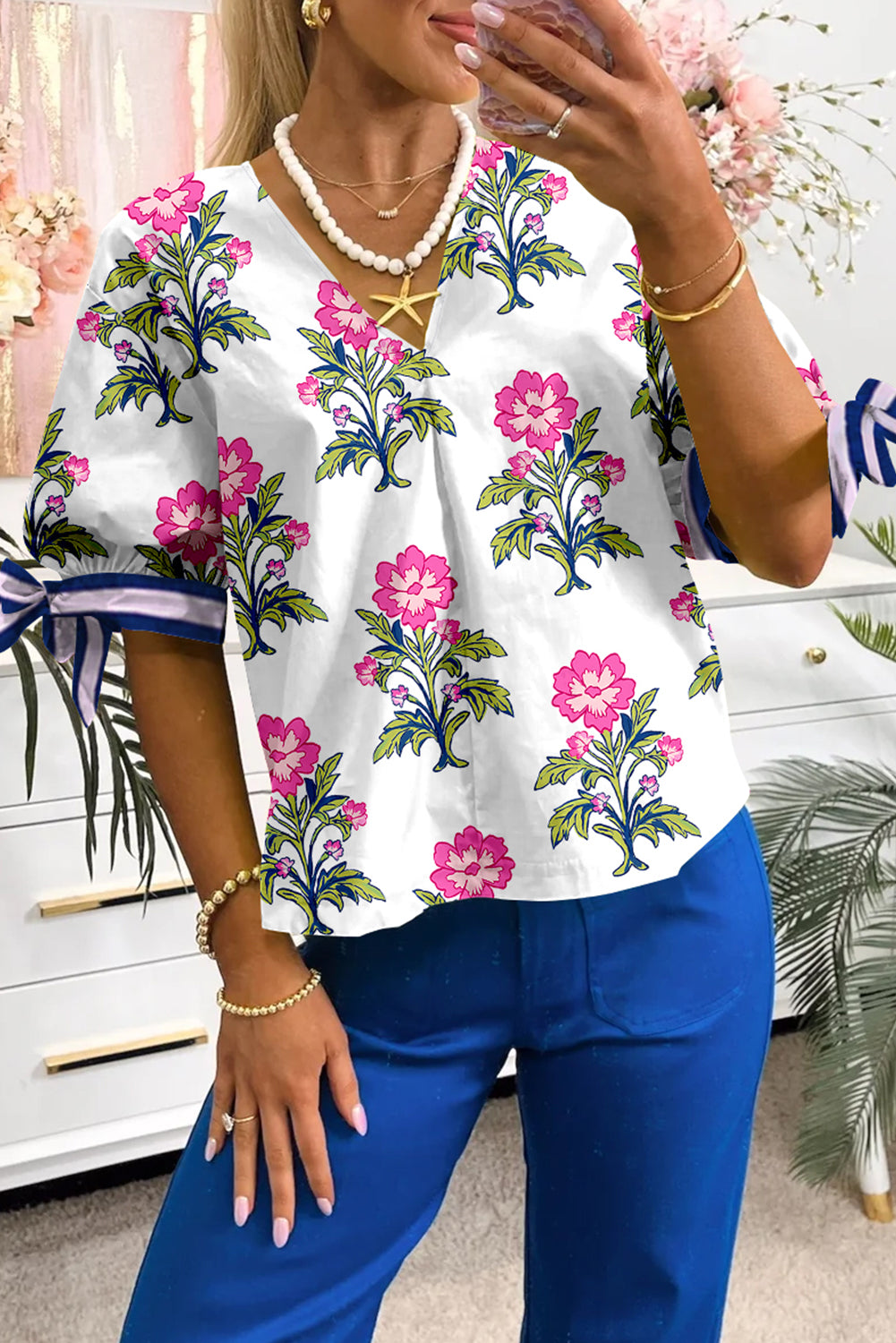 White Floral Knot Bubble Sleeve Top