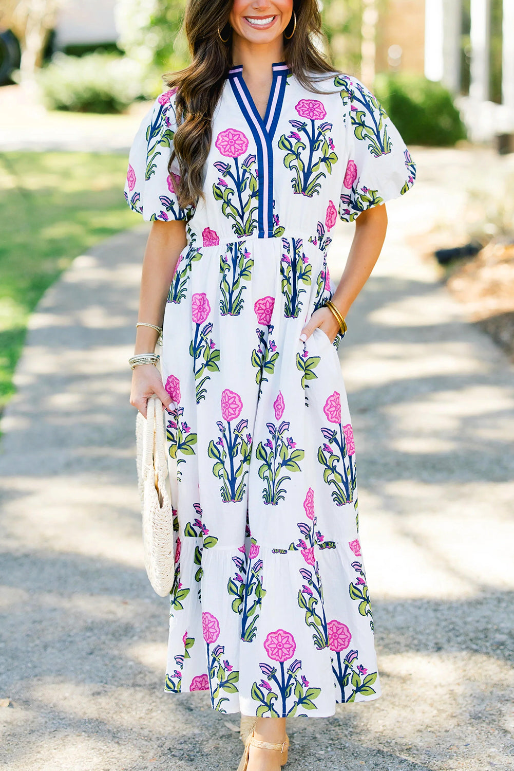 White Floral Short Sleeve Midi Dress