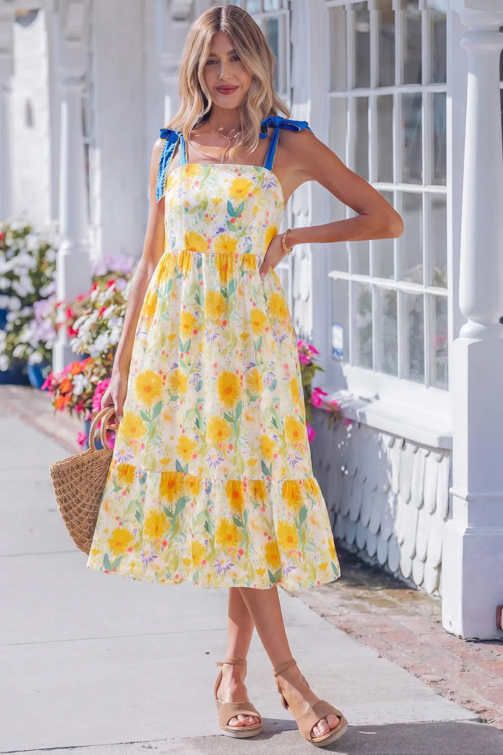 Yellow Floral Midi Dress with Navy Knot Denim Straps and Pockets