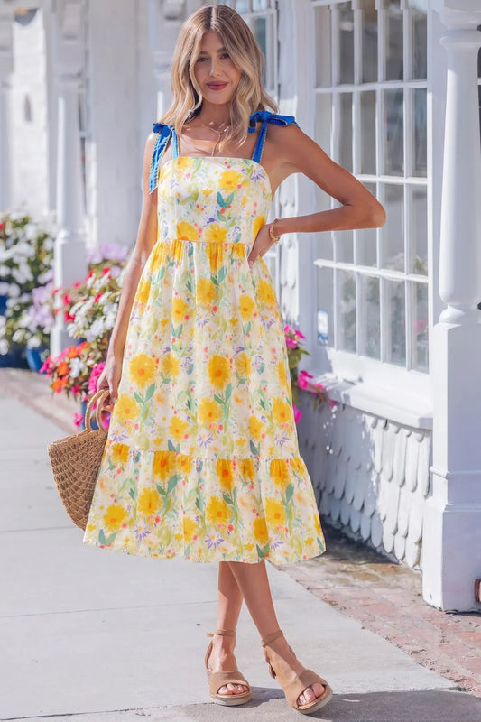 Yellow Floral Midi Dress with Navy Knot Denim Straps and Pockets