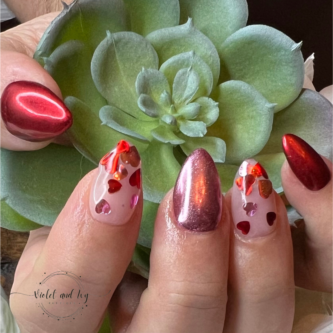 Red and Pink Valentine’s Chrome Hearts Nails