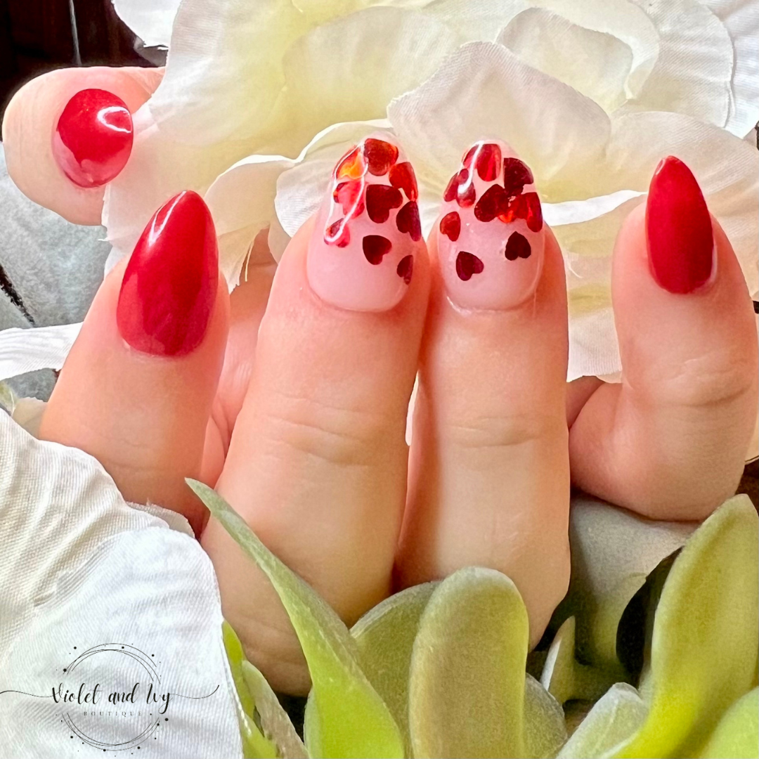 Red Valentine’s Encapsulated Hearts Nails